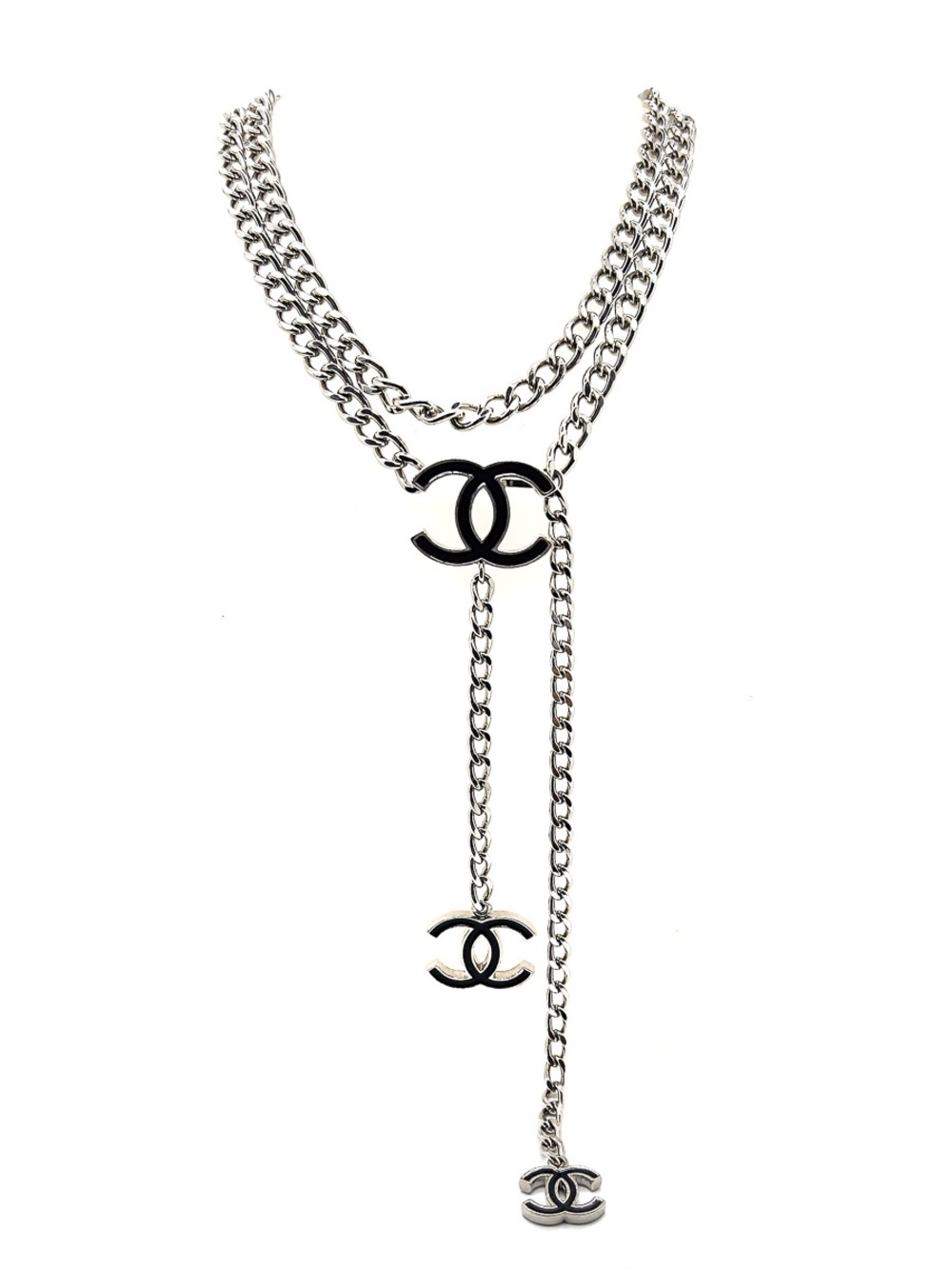 Chanel Vintage A12 Enamel Black Silver Metal Waist Chain Neck Chain